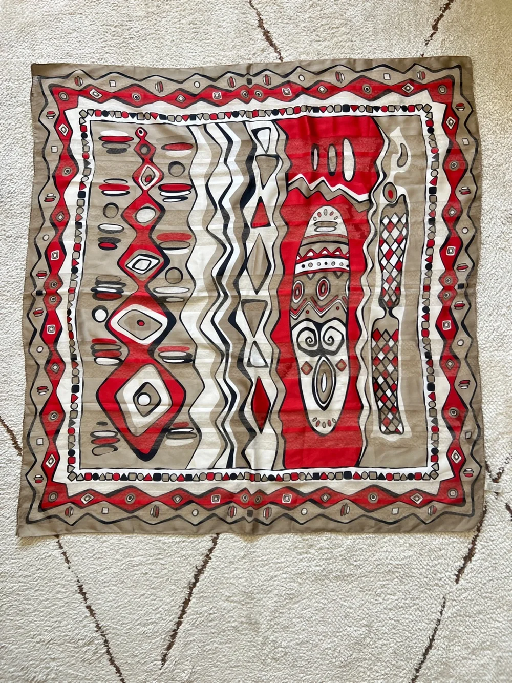 VTG Made in Italy Geometric Tribal Graphic Scarf Abstract Sheer Red Taupe 33